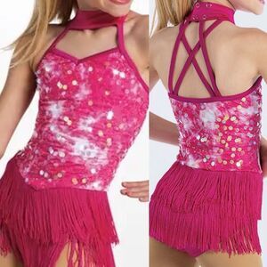 WEISSMAN Dance Costume hot pink sequin fringe Happiness 14453 MA-Medium adult